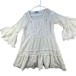 Samson Boho Tunic Dress Womens M Cream Good‎ Lace Crochet Bell Sleeve Embroidery